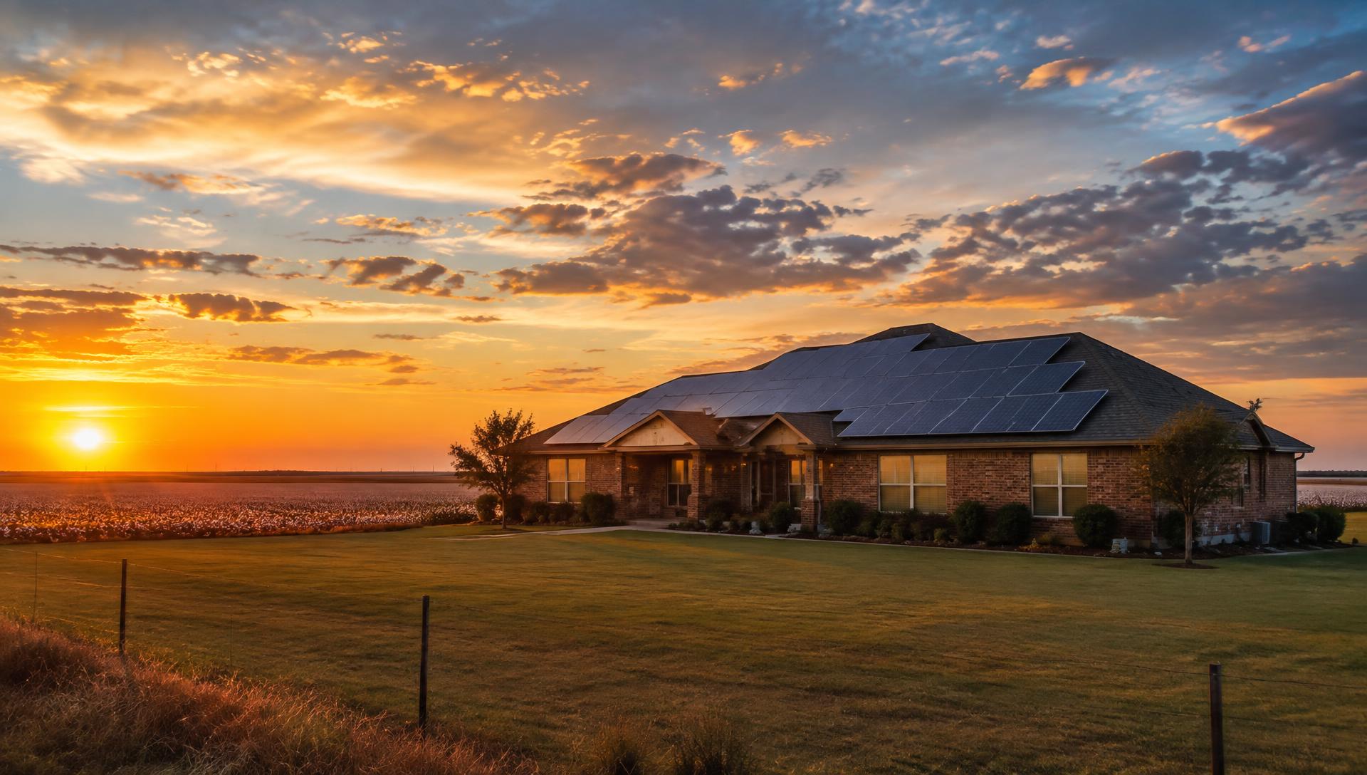Lubbock brick home with solar panels at sunset